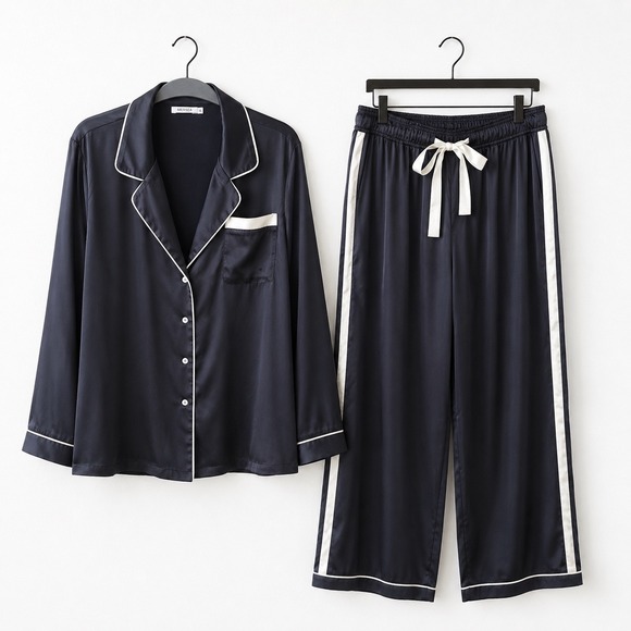 Mersea Other - Mersea Satin Sailor Pajama Set Women XL Navy Long Sleeve Wide Leg Pants Resort